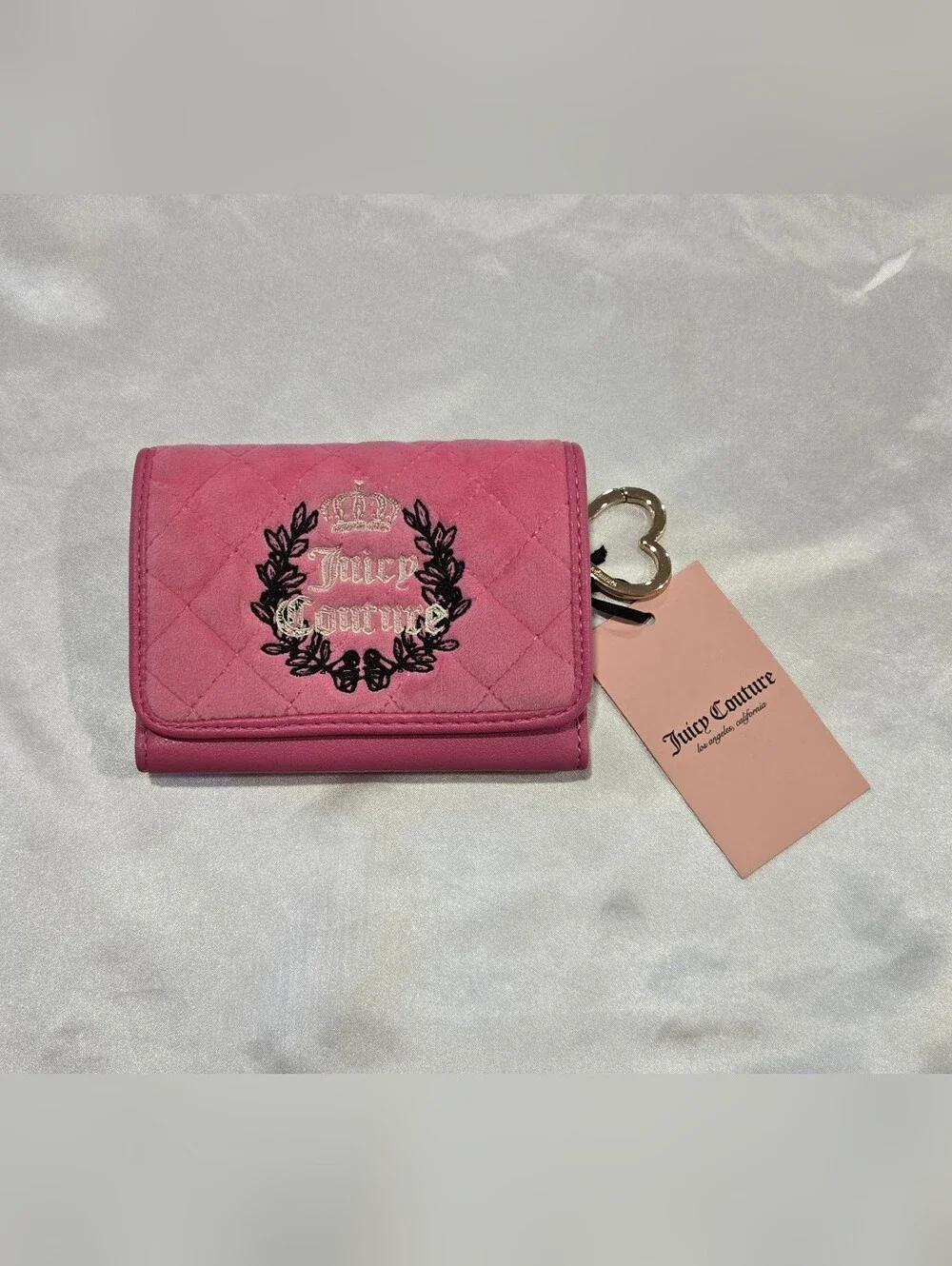 Juicy Couture NWT Pink Quilted Trifold Wallet with Heart Key Charm